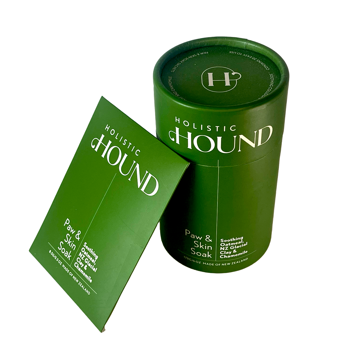 Holistic Hound full size Paw & Skin Soak and sample sachet together