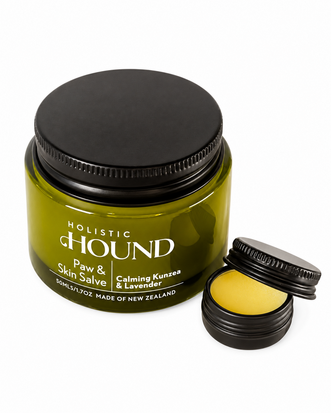 Full size Paw & Skin Salve jar and open 5g sample tin on white background